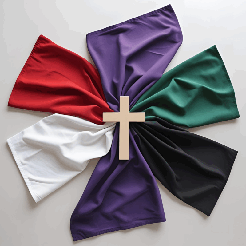 Holzkreuz auf mehreren Stofftüchern in den liturgischen Farben