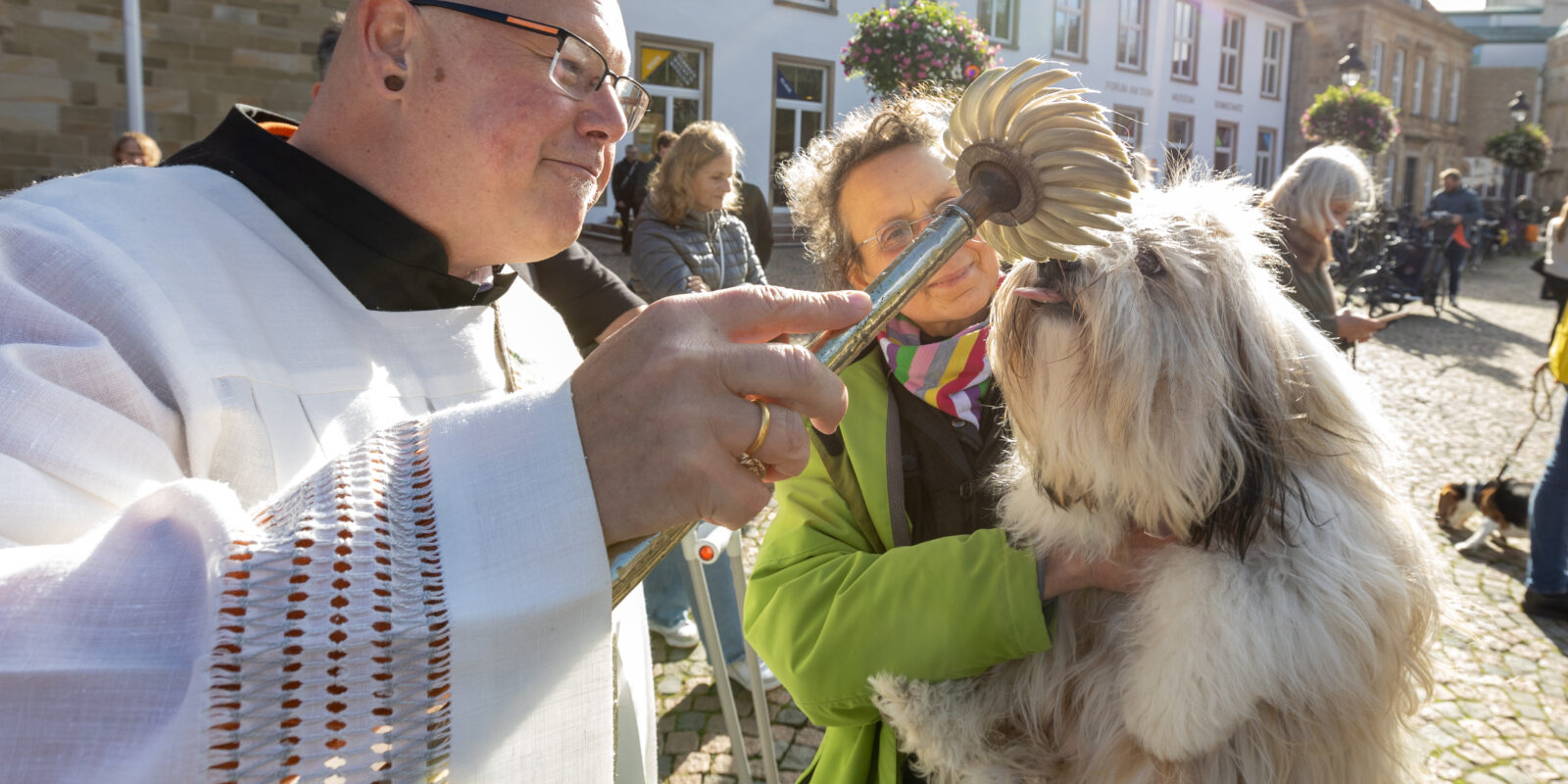 Diakon Carsten Lehmann segnet vor dem Osnabrücker Dom einmal im Jahr Tiere und Menschen.
