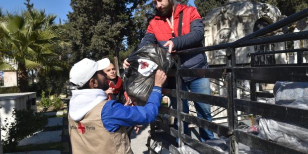 Hilfsgüterverteilung von Caritas Syrien nach dem Erdbeben in Aleppo