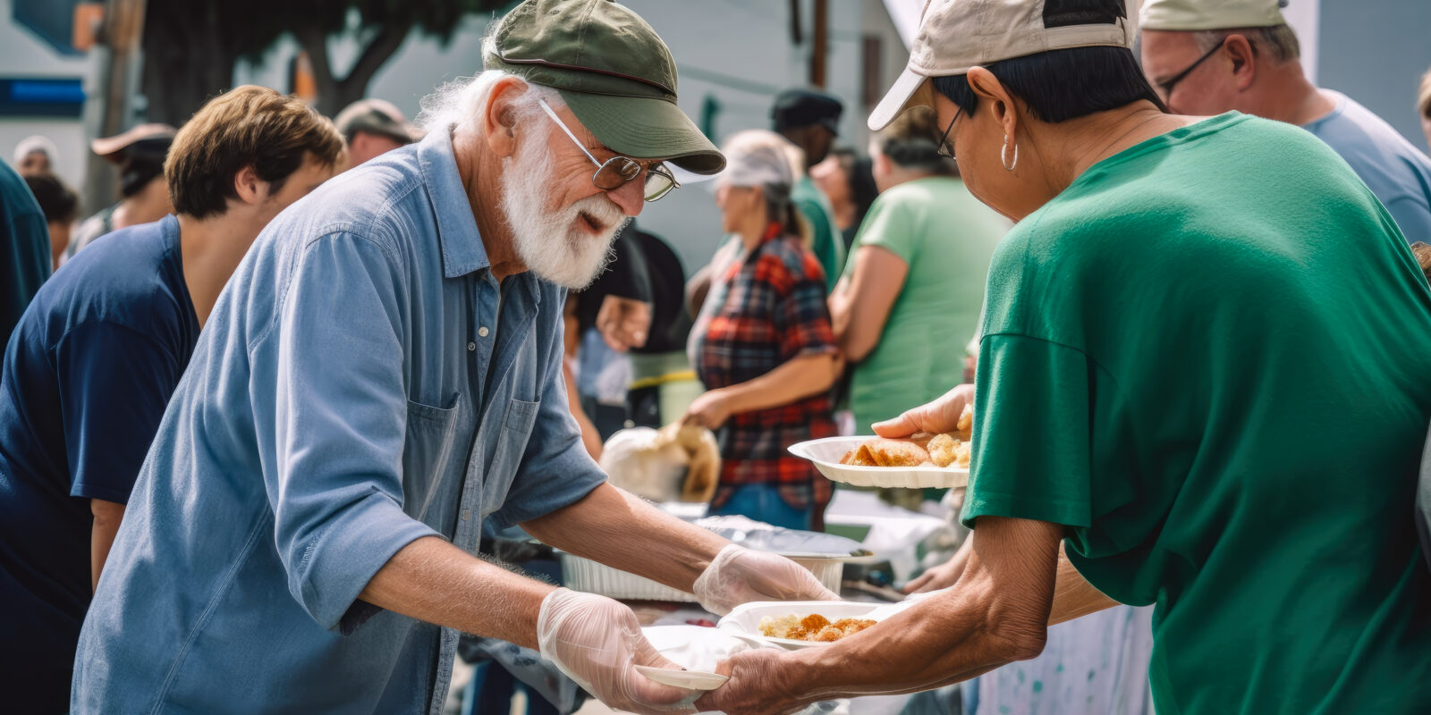 Mann teilt Essen aus