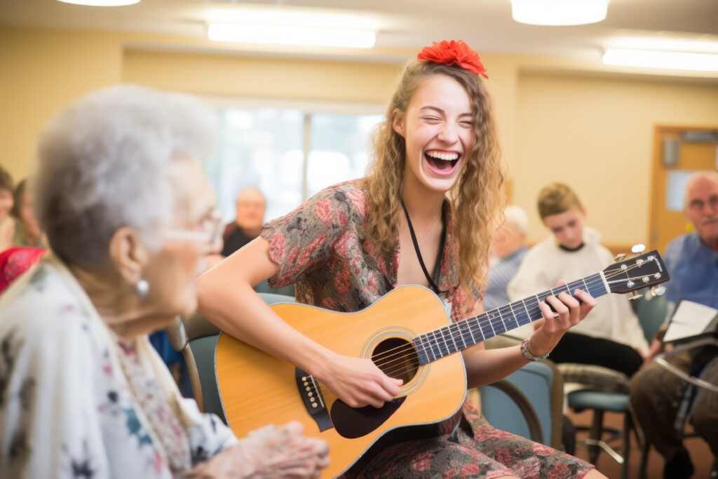 Frau spielt Gitarre im Altenheim