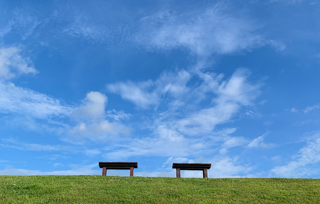 zwei Bänke auf einer grünen Wiese vor blauem Himmel