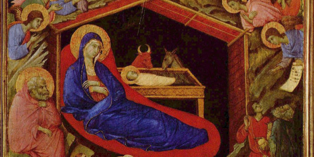 Maria sitzt mit dem Jesuskind in der Krippe umringt von Engeln