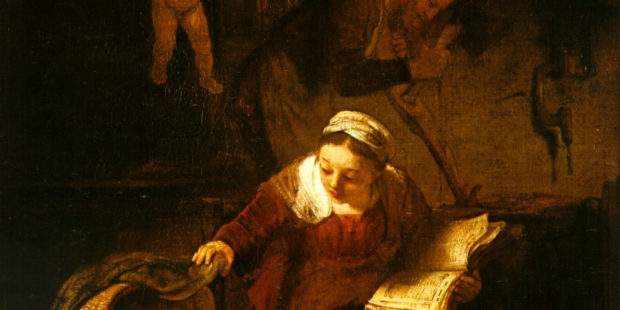 Maria und das Kind in der Krippe, umgeben von Engeln