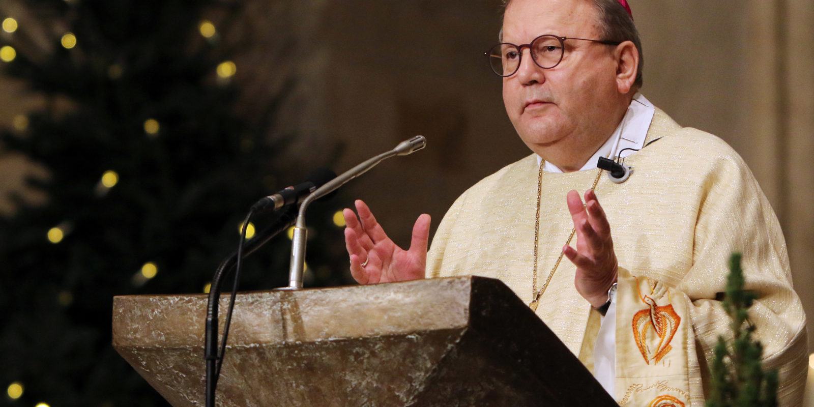 Bischof im goldenen Gewand predigt im Dom