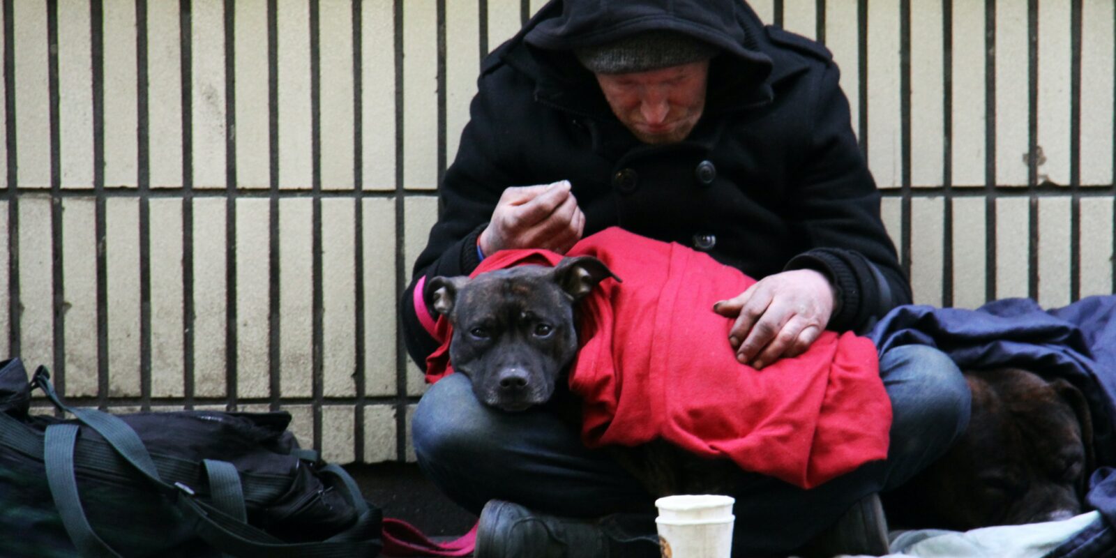 obdachloser Mann mit Hund