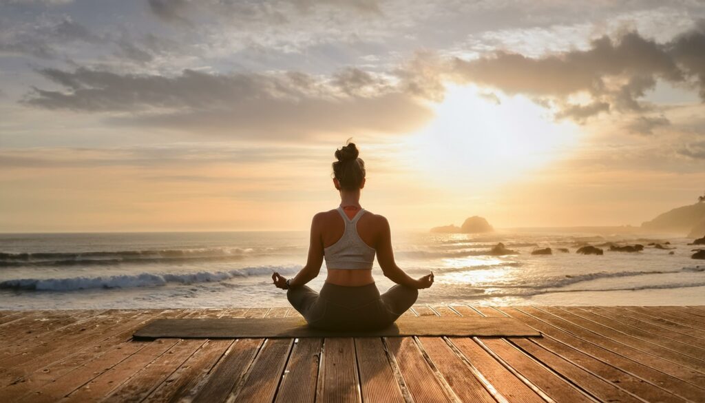 Frau macht Yoga am Meer