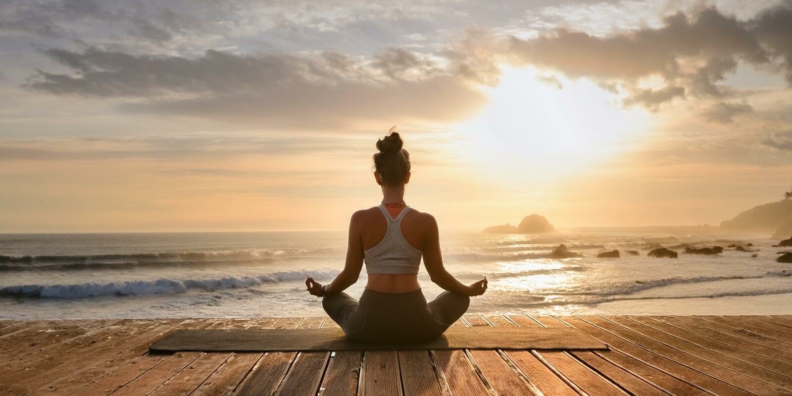 Frau macht Yoga am Meer