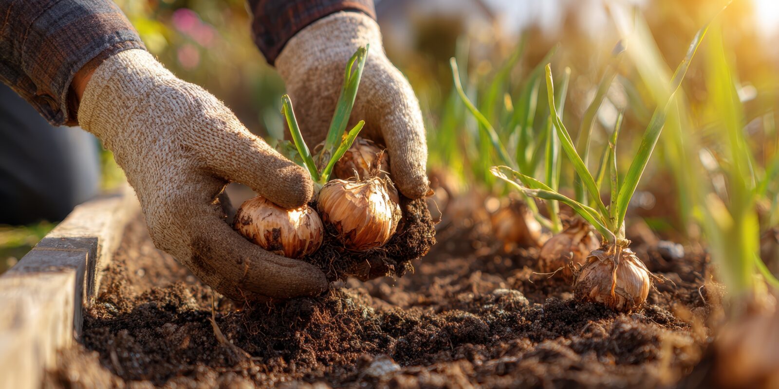 Hand pflanzt Zwiebeln