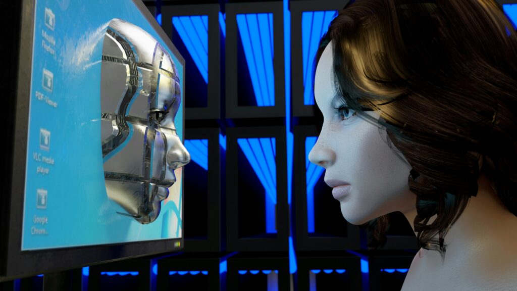 Eine Computer-Gesicht schaut auf ein Roboter-Gesicht.