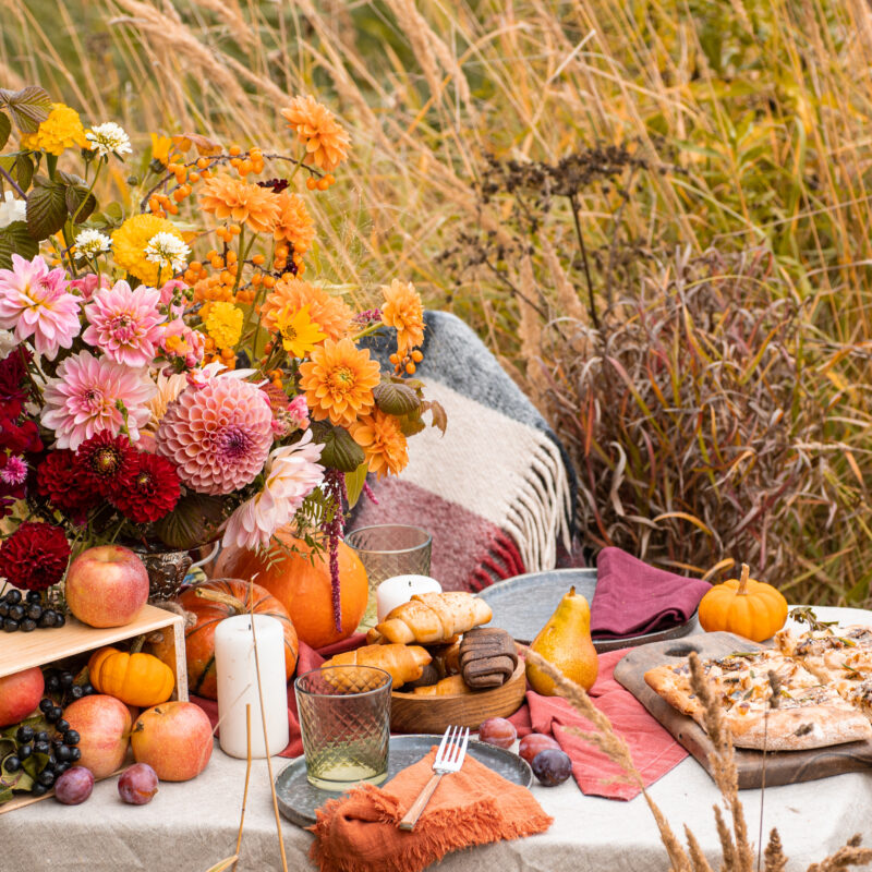 Tisch mit Kürbis, Brot und Blumen zu Erntedank im Kornfeld